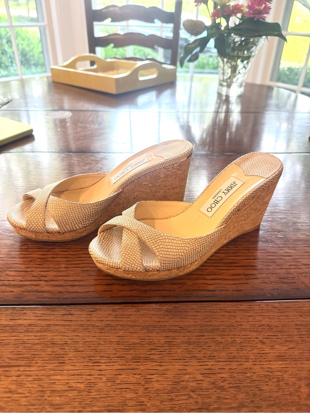 Jimmy Choo Cream Textured Leather Cork Wedge Mules